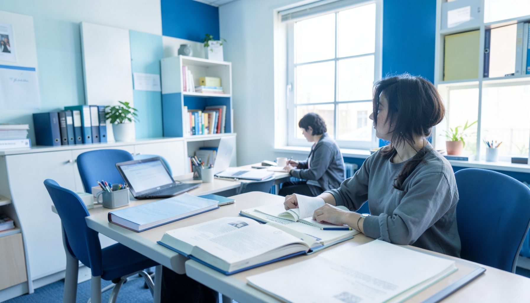 Aula luminosa de estudio de idiomas con tonos azules y blancos, ambiente académico y ordenado, libros abiertos sobre una mesa