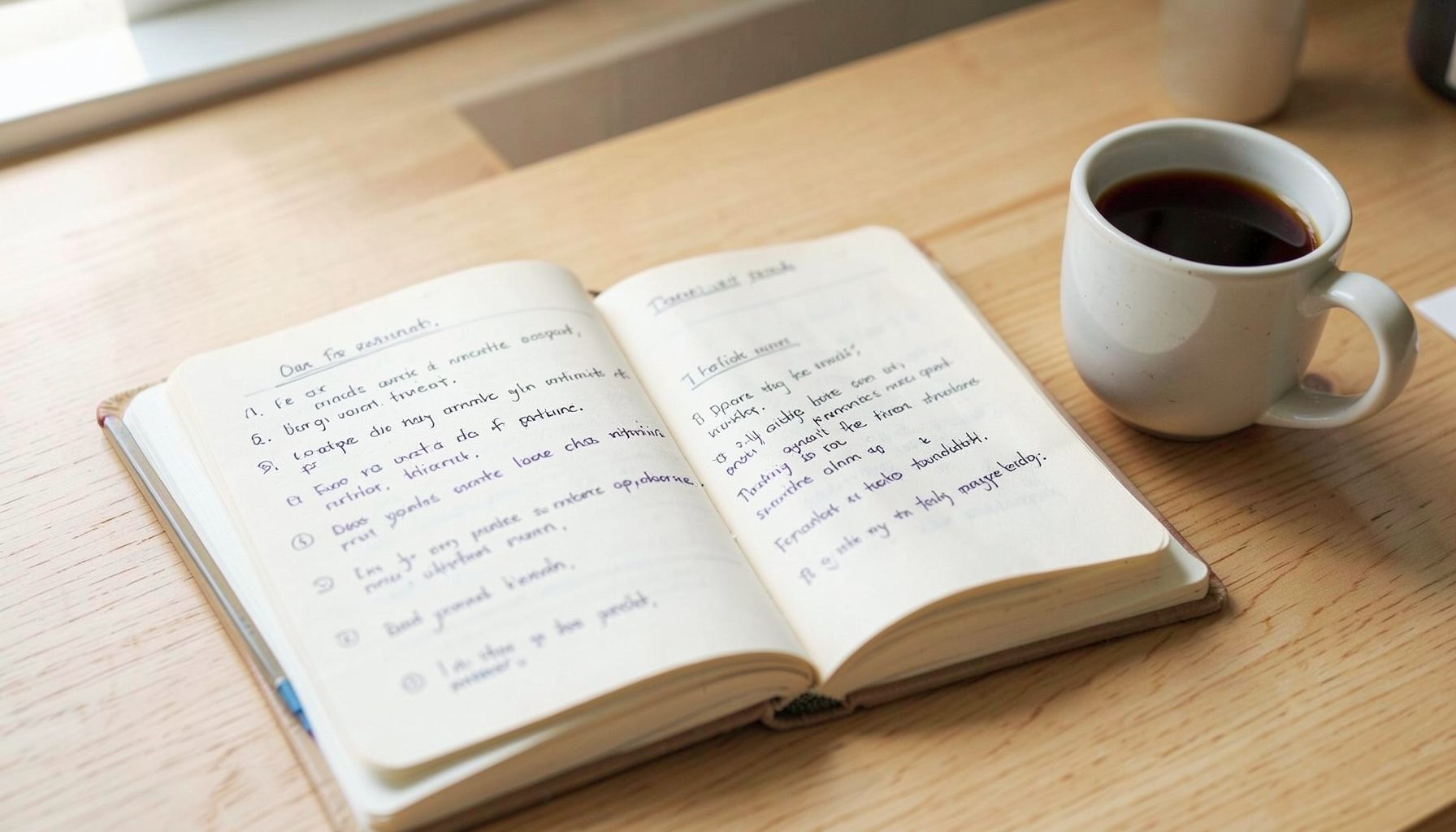 Cuaderno abierto con anotaciones en inglés sobre un escritorio de madera clara, junto a un lápiz y una taza de café, ambiente de estudio tranquilo con luz natural suave