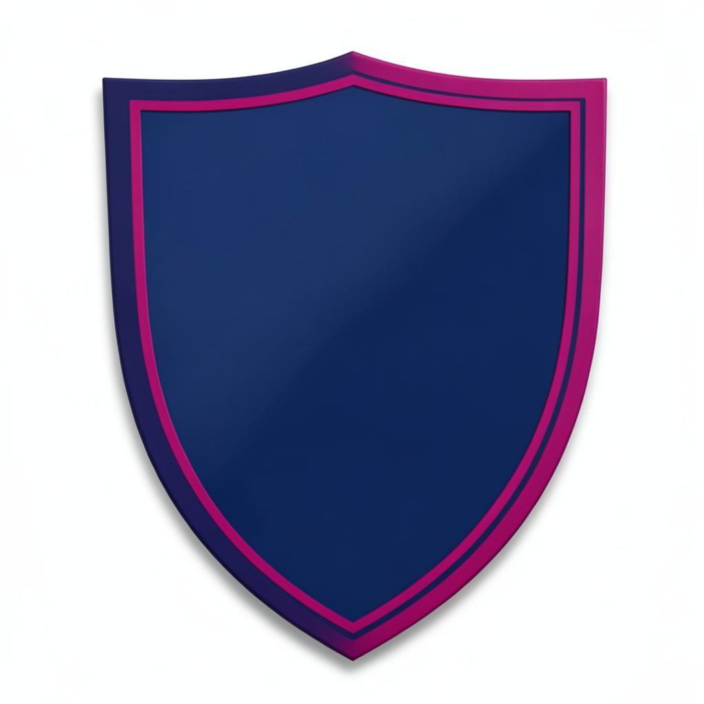 Emblema de escudo académico en azul profundo con ribete magenta, simbolizando acreditación