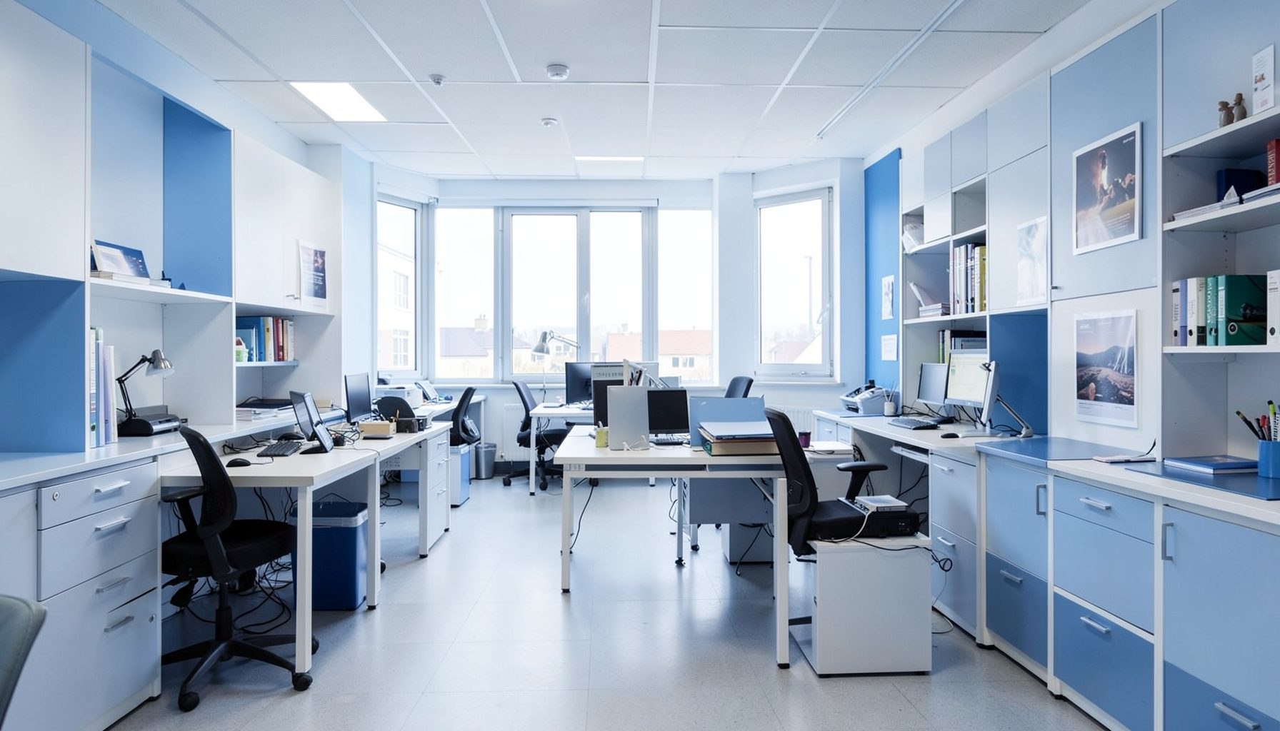 Espacio de estudio luminoso con tonos azules y blancos, escritorios ordenados y ambiente académico tranquilo