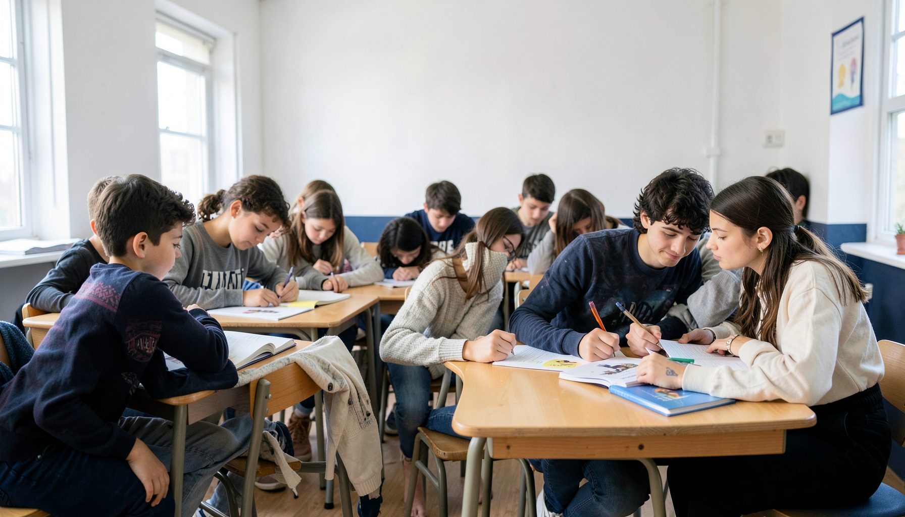 Estudiantes en un aula luminosa con paredes blancas y detalles en azul profundo, concentrados en materiales de estudio sobre escritorios de madera clara, ambiente académico y acogedor