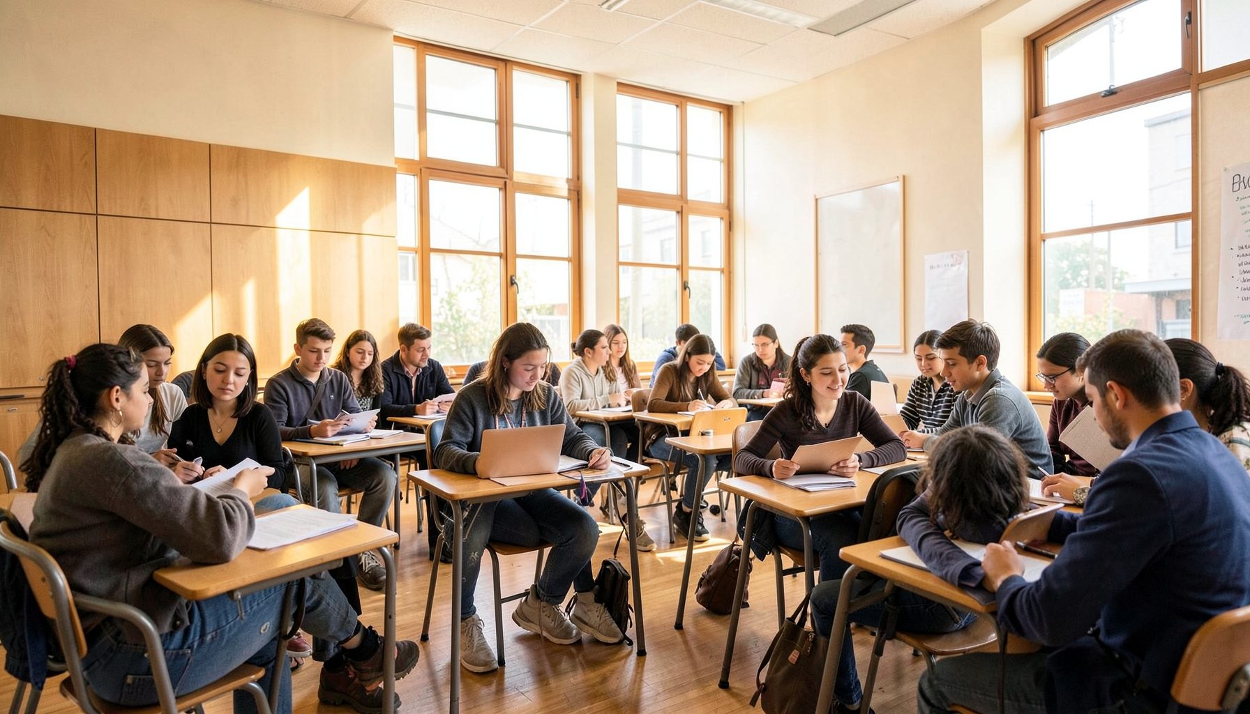Estudiantes en un aula luminosa con ventanales amplios, tonos cálidos de madera y paredes claras, ambiente académico sereno