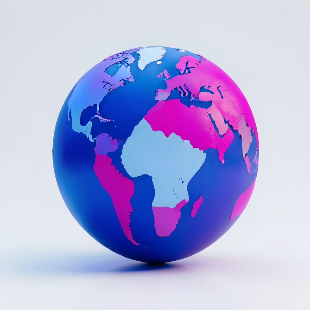 Globo terráqueo estilizado en tonos azul y magenta, simbolizando certificación con validez internacional