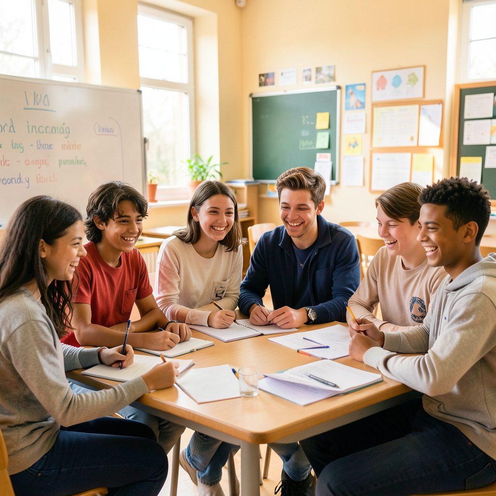 Grupo de adolescentes en un aula luminosa, sonrientes y participando en una actividad de aprendizaje de inglés, con tonos cálidos y ambiente juvenil