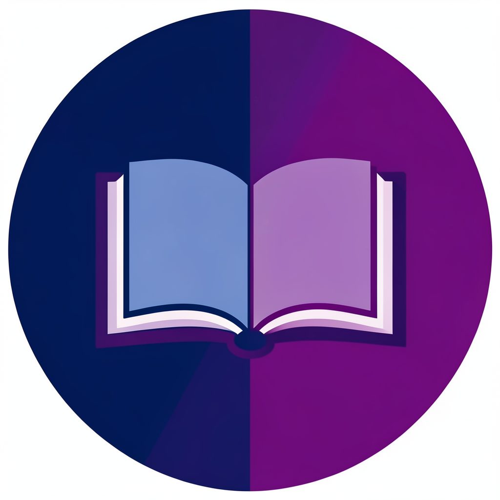 Ícono circular con un libro abierto en tonos azul profundo y magenta, simbolizando estudio y aprendizaje