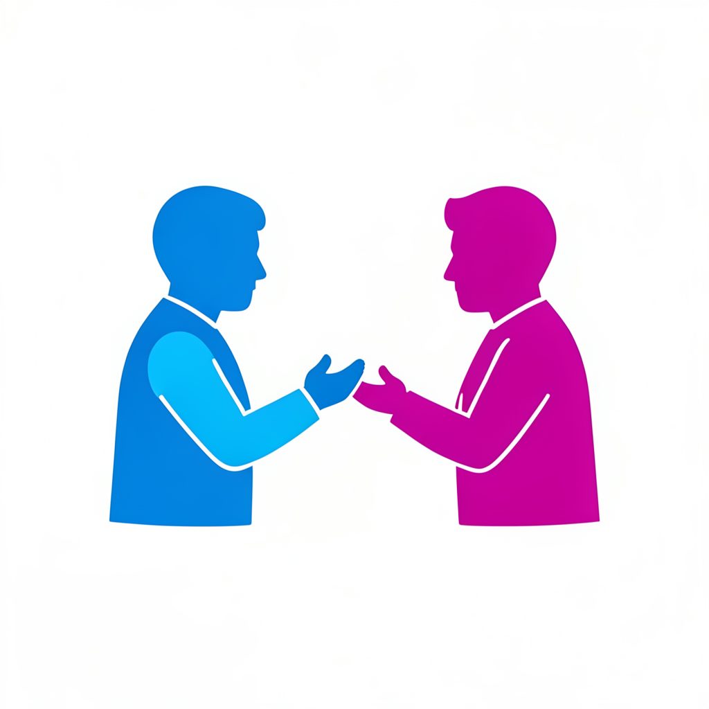 Ícono de dos figuras conversando en tonos azul y magenta, representando tutorías personalizadas