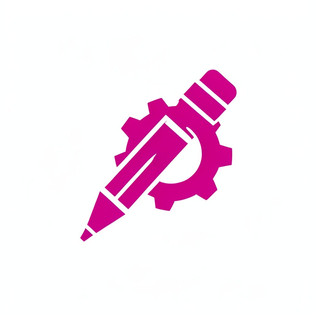 Ícono de un lápiz y engranaje en color magenta sobre fondo blanco, representando gramática y estructura