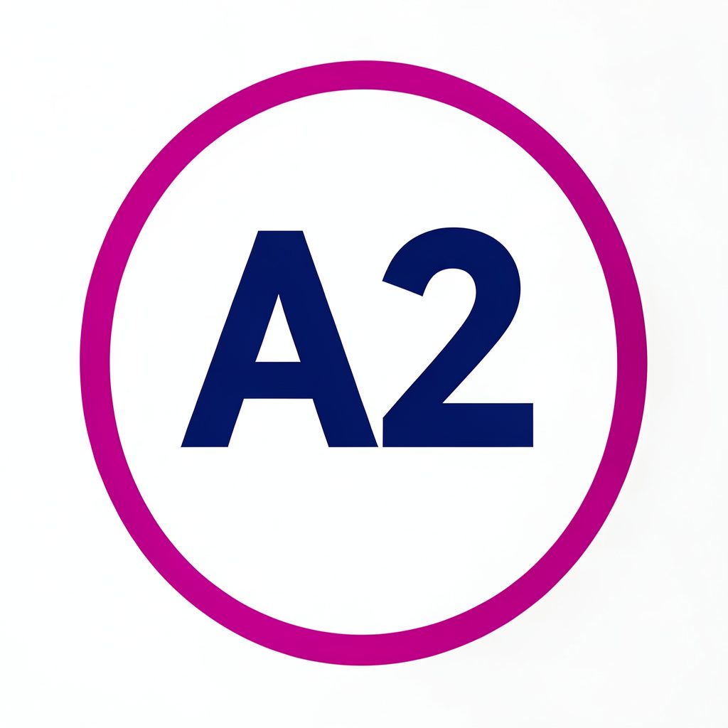 Letra A2 en tipografía bold de color azul profundo sobre un círculo blanco con borde magenta
