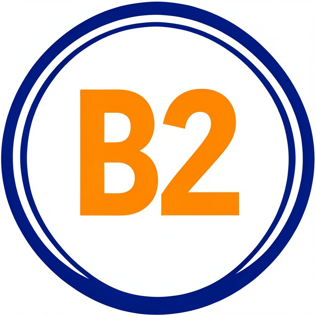 Letra B2 en tipografía bold de color naranja sobre un círculo blanco con borde azul profundo