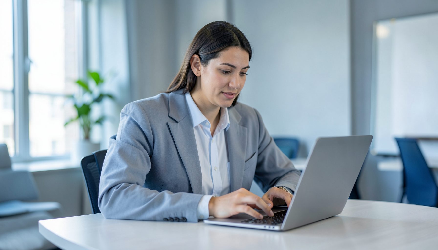 Persona estudiando inglés desde una laptop en un espacio moderno y luminoso, tonos azules y grises suaves