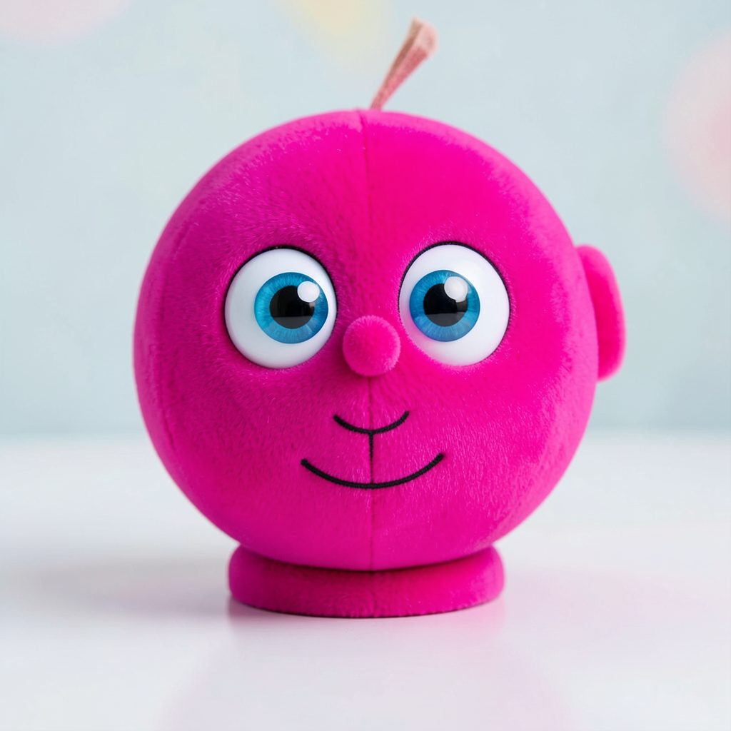 Personaje infantil colorido con cabeza redonda y ojos expresivos en tonos azul y magenta, representando a DOT