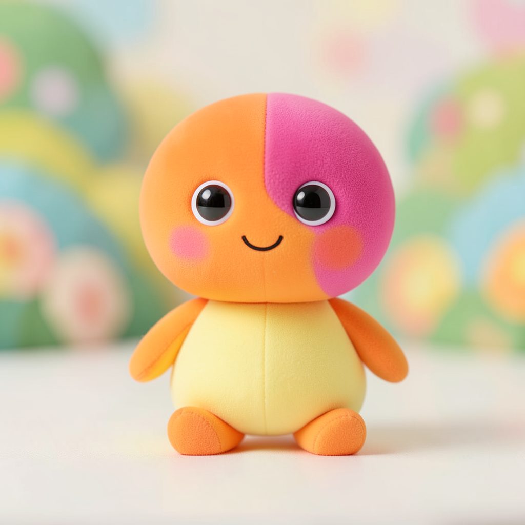 Personaje infantil DOT, una criatura amigable y colorida con cabeza redonda y ojos grandes y expresivos, sobre un fondo suave y alegre